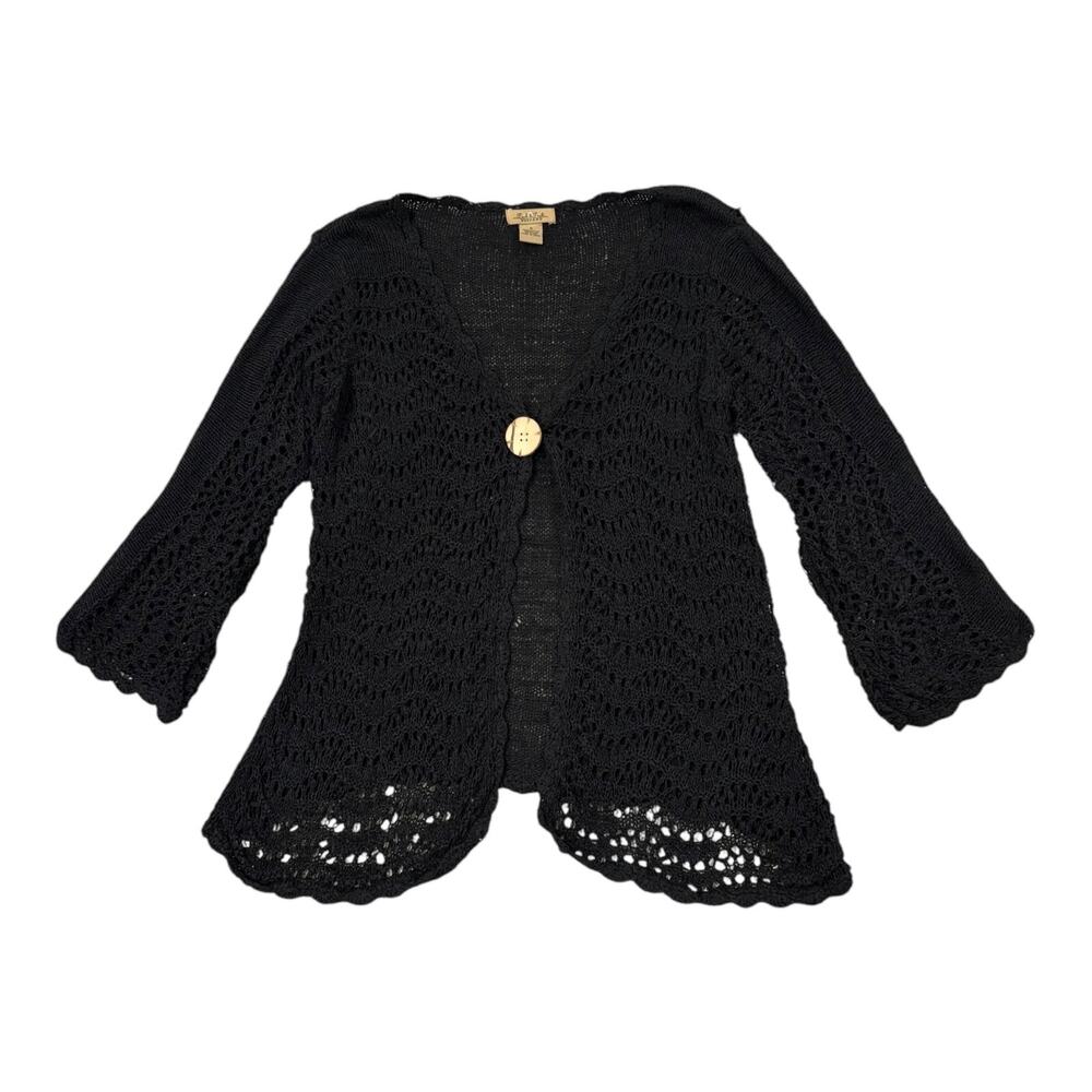 Peck & Peck‎ Cardigan Sweater Women's Small Black Open Knit Y2K Style One Button